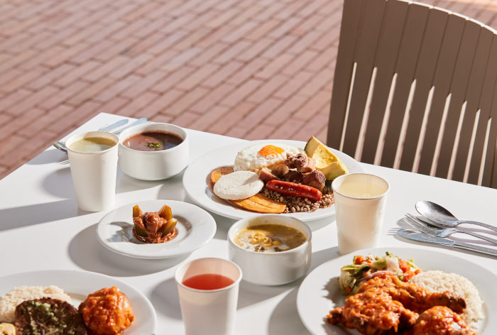 Mesa de madera de color blanco ubicada en un espacio exterior, tiene sobre ella varios platos con gran variedad de comida a la cual se puede acceder con las mejores tarifas de los planes del hotel Lagosol
