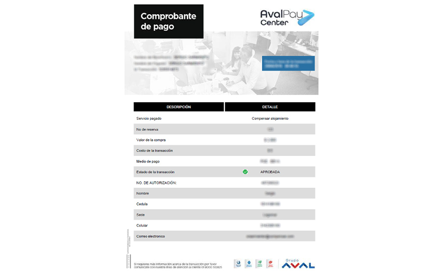 Feed del quinto paso del portal AvalPay Center para completar los métodos de pago de hoteles Compensar que consiste en generar el comprobante de pago con los detalles de la transacción