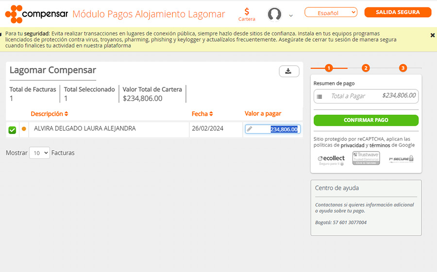 Feed del tercer paso del módulo de pagos de alojamiento del hotel Lagomar en donde se selecciona el servicio a pagar para hacer el recaudo en línea de los hoteles Compensar