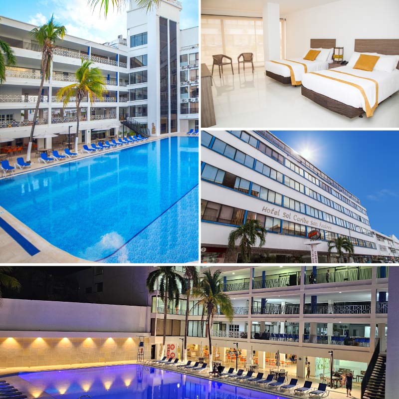 Collage de cinco fotos en las cuales se puede ver una  piscina de día y una de noche, iluminada por luces cálidas, ambas rodeadas por un edificio blanco de cinco pisos el cual tiene palmeras en su exterior. También podemos ver una habitación que hace parte de las ofertas de Hoteles Sol Caribe la cuál tiene sabanas, cortinas y paredes blancas